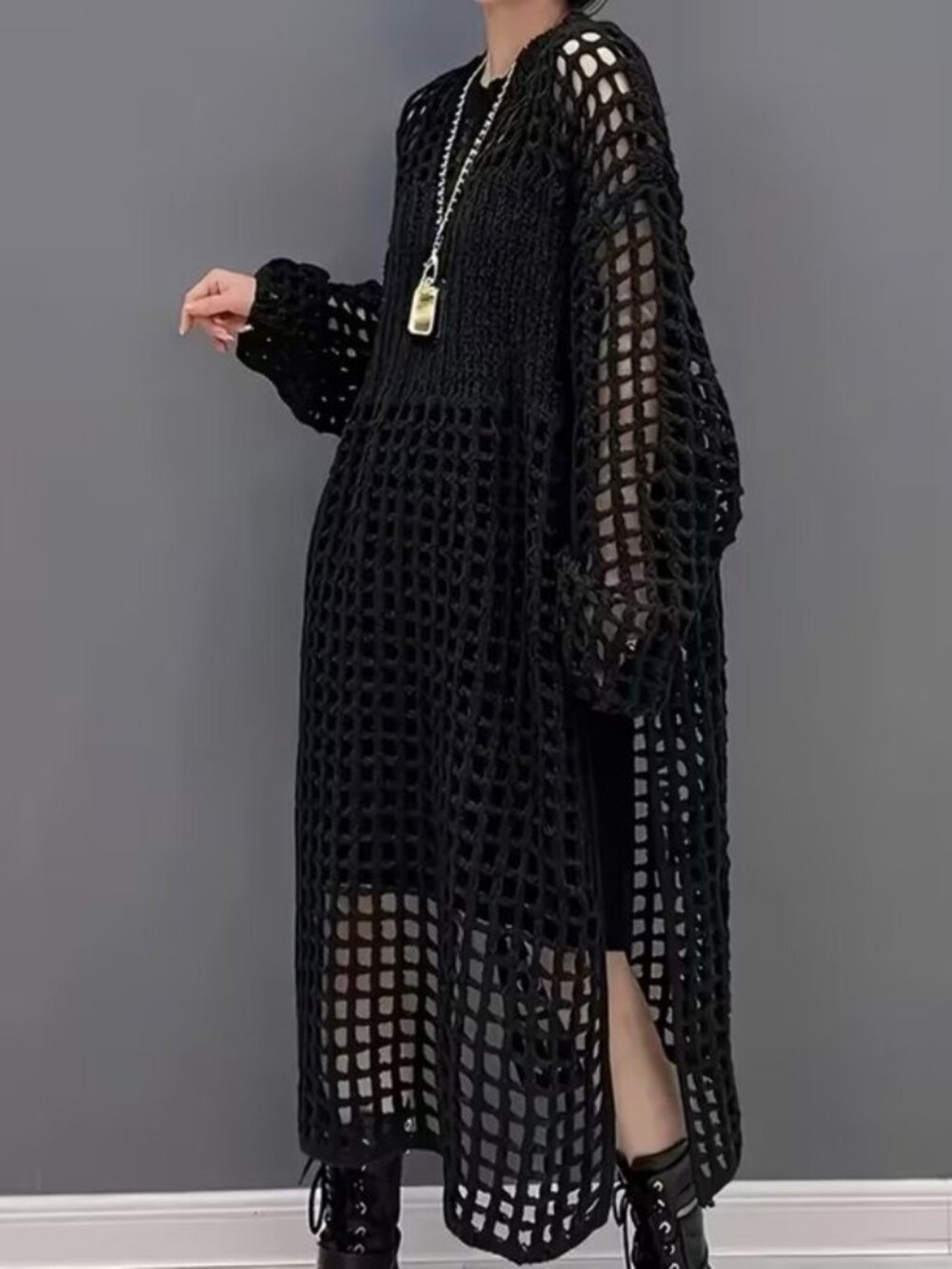 Open Knit Hollow Long Sweater Dress - Picture 4 of 5